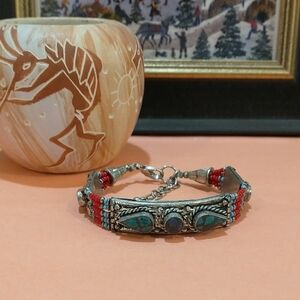Handcrafted Faux Turquoise Silver-Tone Beaded Bracelet